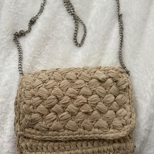H&M tan knit purse with silver chain